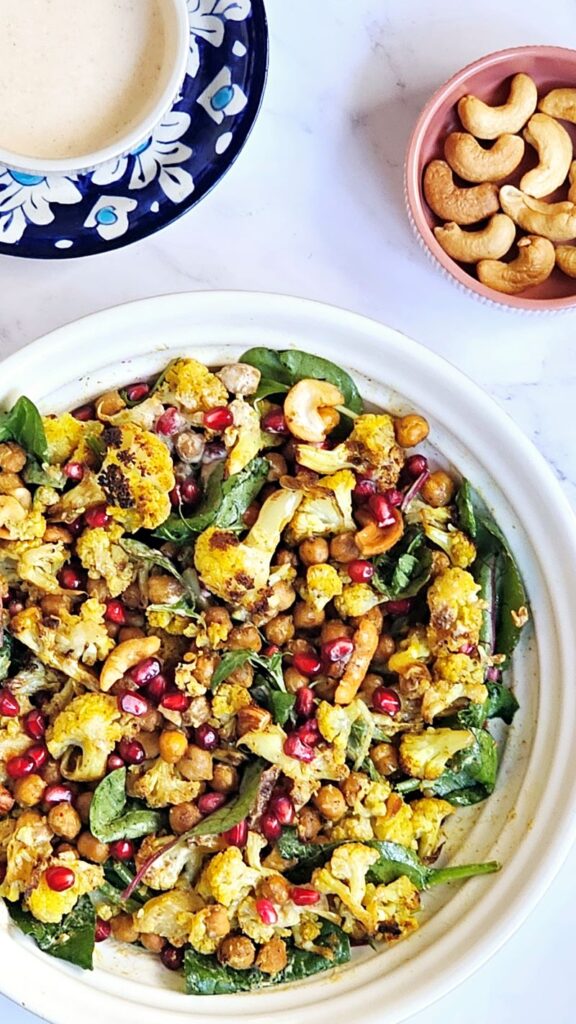 Roasted Cauliflower and chickpea salad with tahini dressing