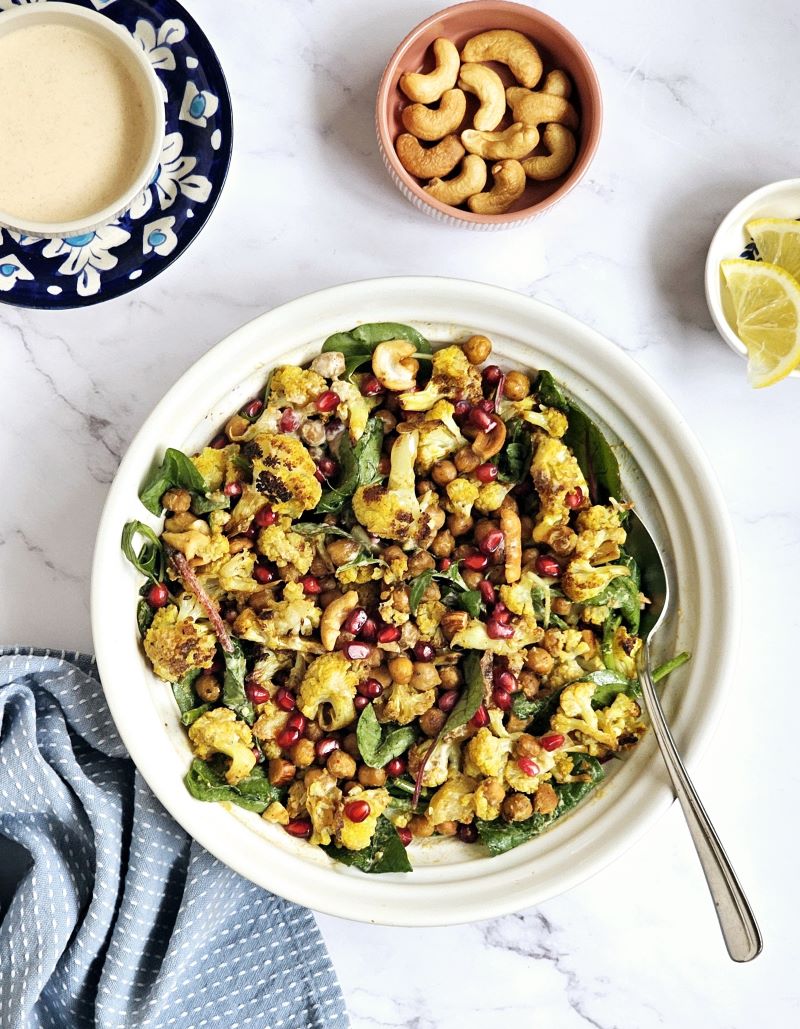 Roasted Cauliflower and chickpea salad with tahini dressing