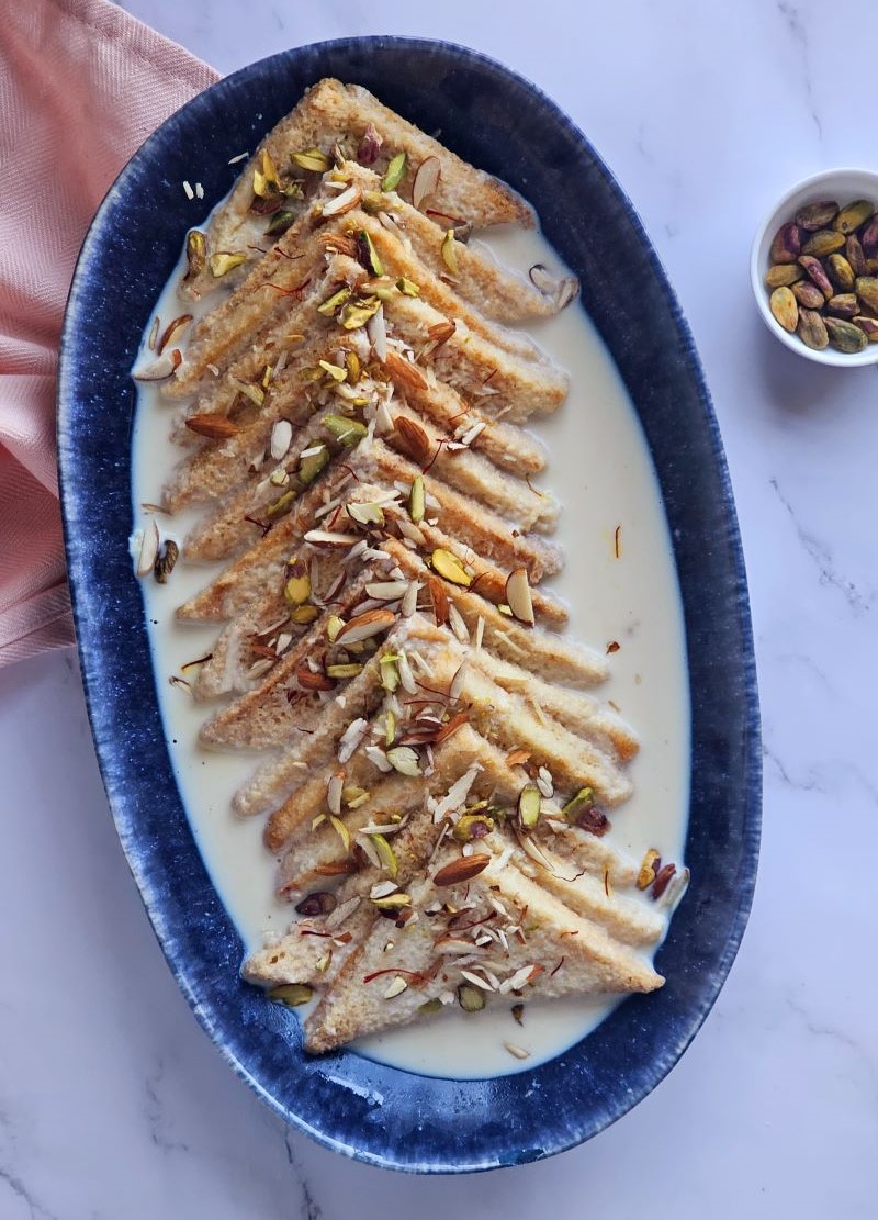 Shahi tukray, bread slices soaked in sweet creamy milk