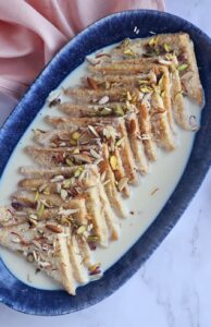 Shahi tukray, bread slices soaked in sweet creamy milk