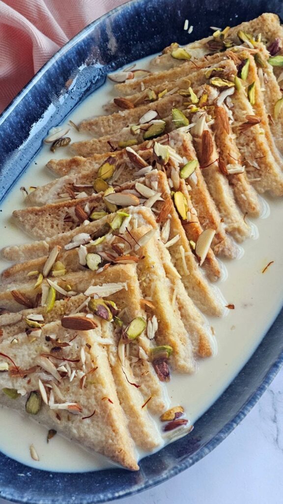 Shahi tukray, bread slices soaked in sweet creamy milk